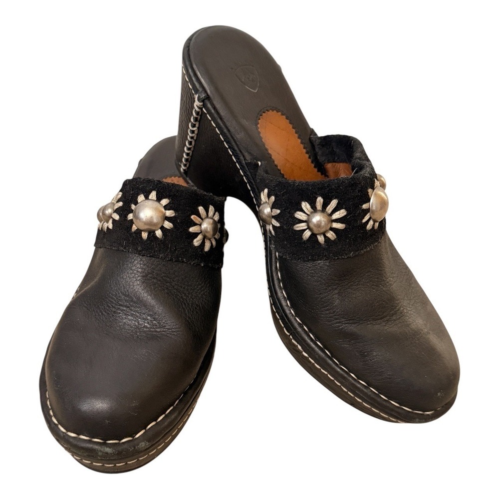 Ariat Bella Ebony Black Leather Embroidered Studded Clogs Round Toe 9.5B Western